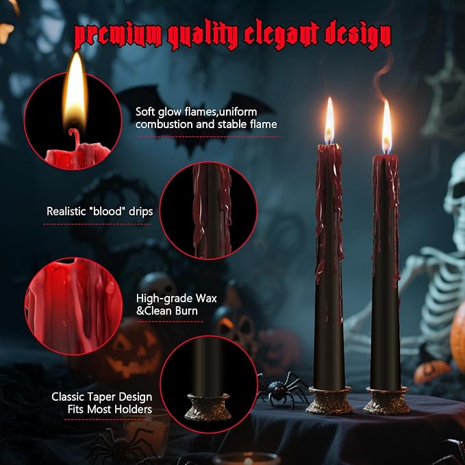 8 Pack Halloween Bleeding Candles, Black Vampire Tears Taper Candles Spooky Blood Drip Candles Set for Halloween Party Gothic Home Vampire Theme Rituals Decoration