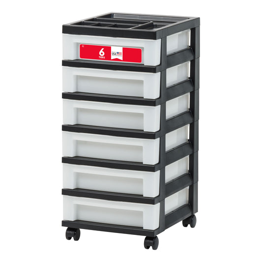 IRIS USA Craft Plastic Organizers and Storage, Rolling Storage Cart for Classroom Supplies, Storage Organizer for Art Supplies, Drawer Top Organizer for Small Parts, 6 Drawer, Black/Pearl