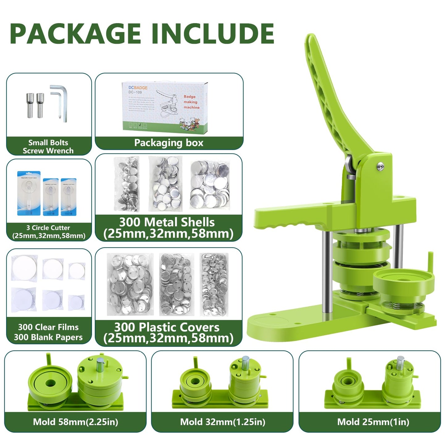 MK.Bear Button Maker Machine Multiple Sizes 1+1.25+2.25in, Button Pin Maker Kit for DIY Gifts, Badge Press Machine with Free 300PCS 25+32+58mm Badge Making Iron Supplies & 3Circle Cutter