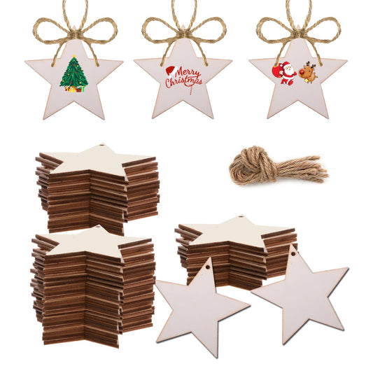 50PCS Unfinished Wood kit with Holes, Wood Slice for DIY Crafts, Blank Star Wood Cutouts Wooden Tags Ornaments for Sign Gift Tags, Christmas Decorations Indoor Outdoor Decor (Star Shape)