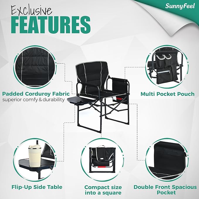 SUNNYFEEL Oversized Camping Directors Chair 2 Pack, Portable Folding Lawn Chairs for Adults Heavy Duty with Side Table,Pocket for Beach, Fishing,Picnic,Concert Outdoor, Foldable Camp Chairs