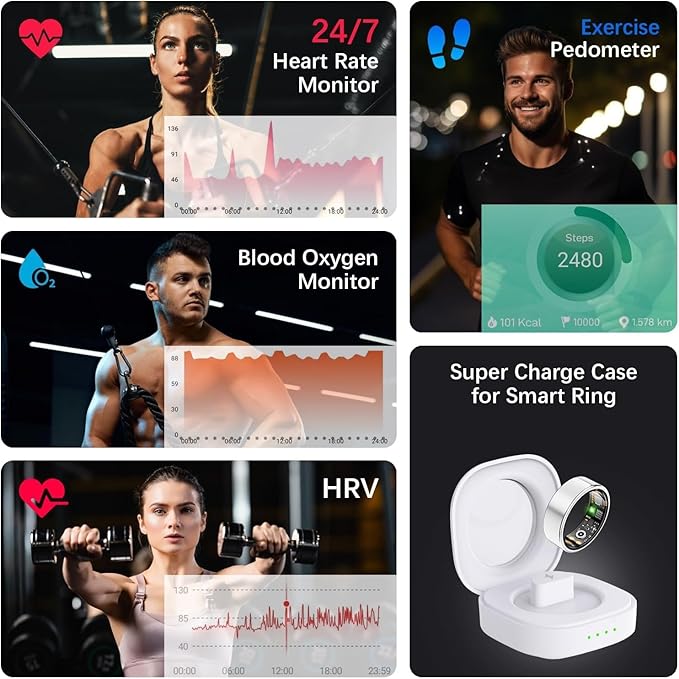 Health Tracker Ring, Smart Health Ring for Women Men with Heart Rate, Blood Oxygen, Sleep Monitor, Steps,Calories, No Subscription Fee, IP68 Waterproof Smart Ring for iPhone & Android (Silver, 6#)