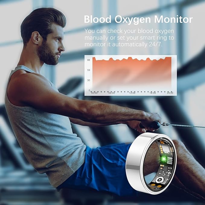 Ring Health Tracker for Women Men, Fit Ring with Heart Rate, Blood Oxygen, Sleep Monitor, Calories, Step Counter, IP68 Waterproof Smart Ring for iPhone & Android, No Subscription Fee (Silver, 7#)