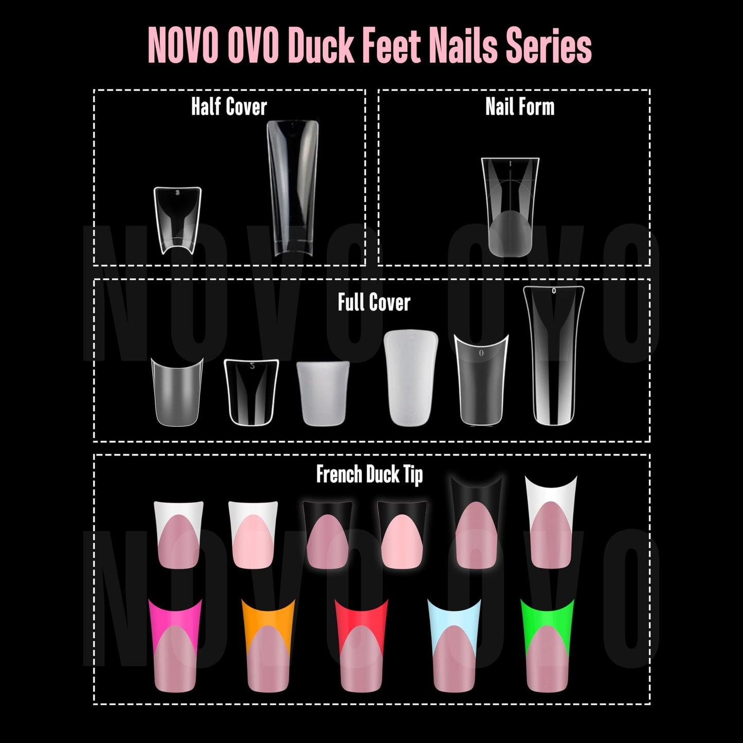 NOVO OVO Duck Nail Tips Extra Short Full Cover Press on, Pre-etched for Acrylic Design, Clear Pre-applied Tip Primer Soft Gel Y2K Flare Fake False Nail Extension Full Coverage x 12 Sizes 120 pcs
