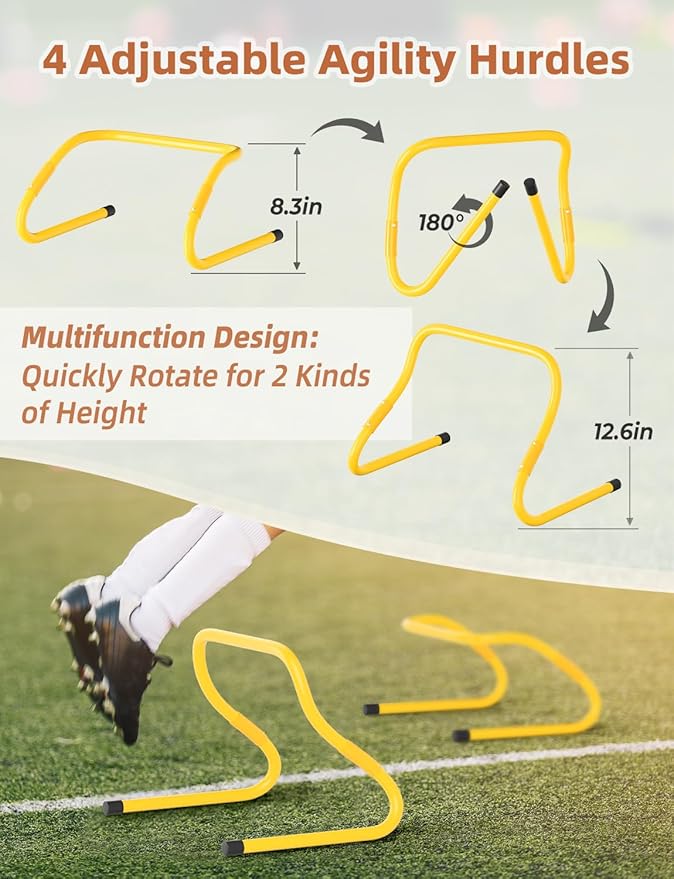 GHB Agility Ladder,Football Training Equipment Set,4 Agility Hurdles, 20 feet12 Rungs Speed Ladder,12 Disc Cones,Resistance Parachute, Jump Rope, 5 Resistance Bands