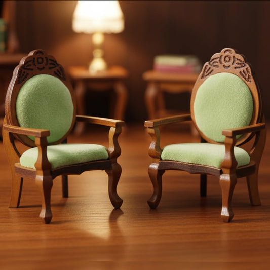 Dollhouse Chair 2PCS Miniature Furniture Retro Vintage Chair Wooden Accessories 1/12 Upholstered Victorian Carved Armchair for Christmas Decoration Ornament (B)