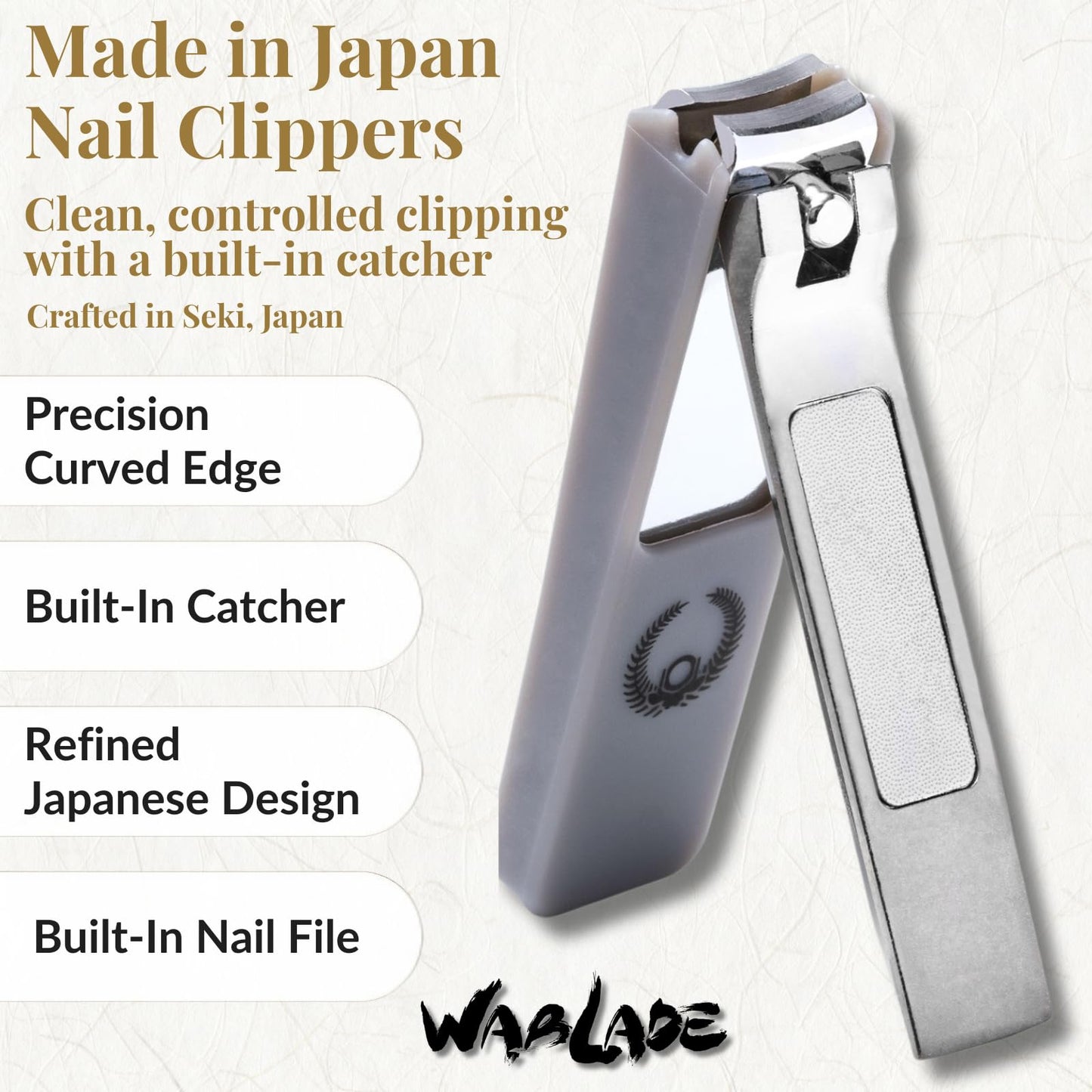 Wablade Japanese Nail Clippers, 2.8 Inch, Made in Seki Japan, Curved Carbon Steel Blade, Built-in Catcher & Nail File, Clean Controlled Trimming for Fingernails & Toenails (Black)