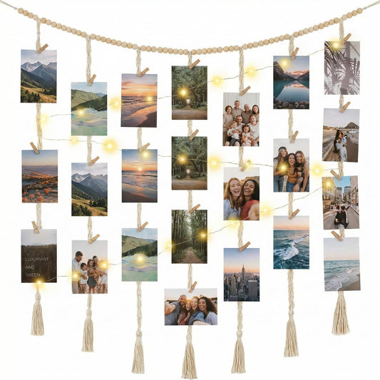 shuielai Macrame Hanging Photo Display with String Lights, Boho Wall Decor with Wooden Beads Garland & Clips, Picture Collage Holder for Bedroom Living Room Dorm, for Teen Girls
