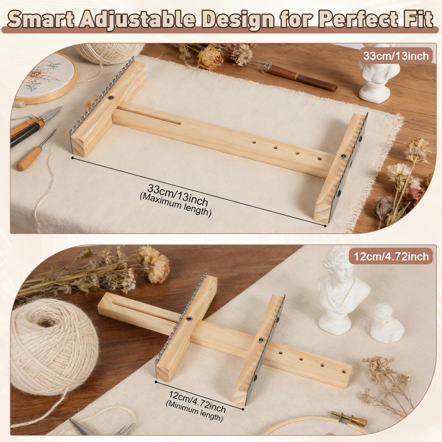 Adjustable Tapestry Weaving Loom Expandable 3.5in to 11.8in with Stainless Steel Peg Rails Wooden Frame Knitting Loom for Weaving Yarn Art Projects Ideal for Beginners Advanced