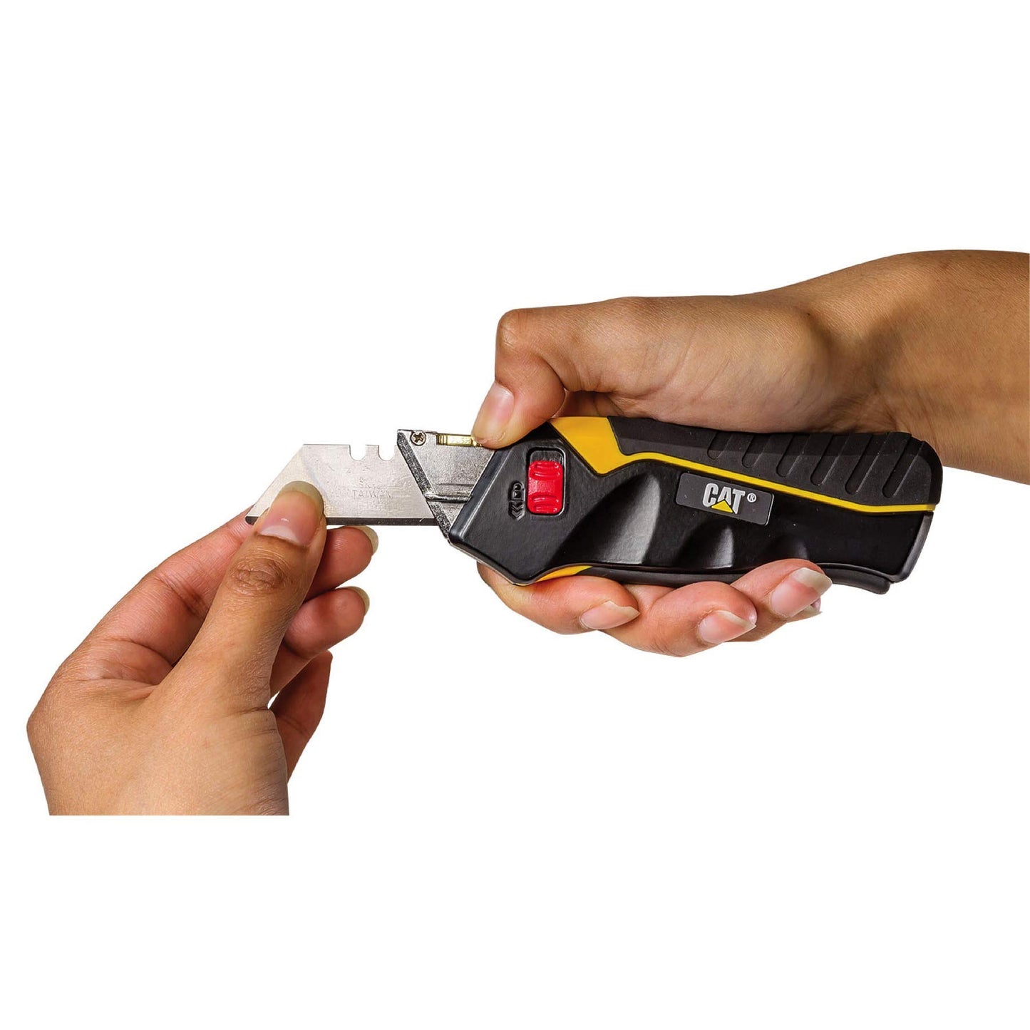 Cat Safety Squeeze Utility Knife, Retractable Blade with Trigger Grip, Quick Change Blade Storage, Includes 3 Round Point Safety Blades – 980080