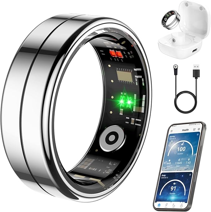 Fit Ring, Smart Health Rings for Women Men with Heart Rate,Blood Oxygen,HRV,Stress Level, Sleep Monitor, Step Tracker, No Subscription Fee, IP68 Waterproof Smart Ring for iphone &Android (Silver, 9#)