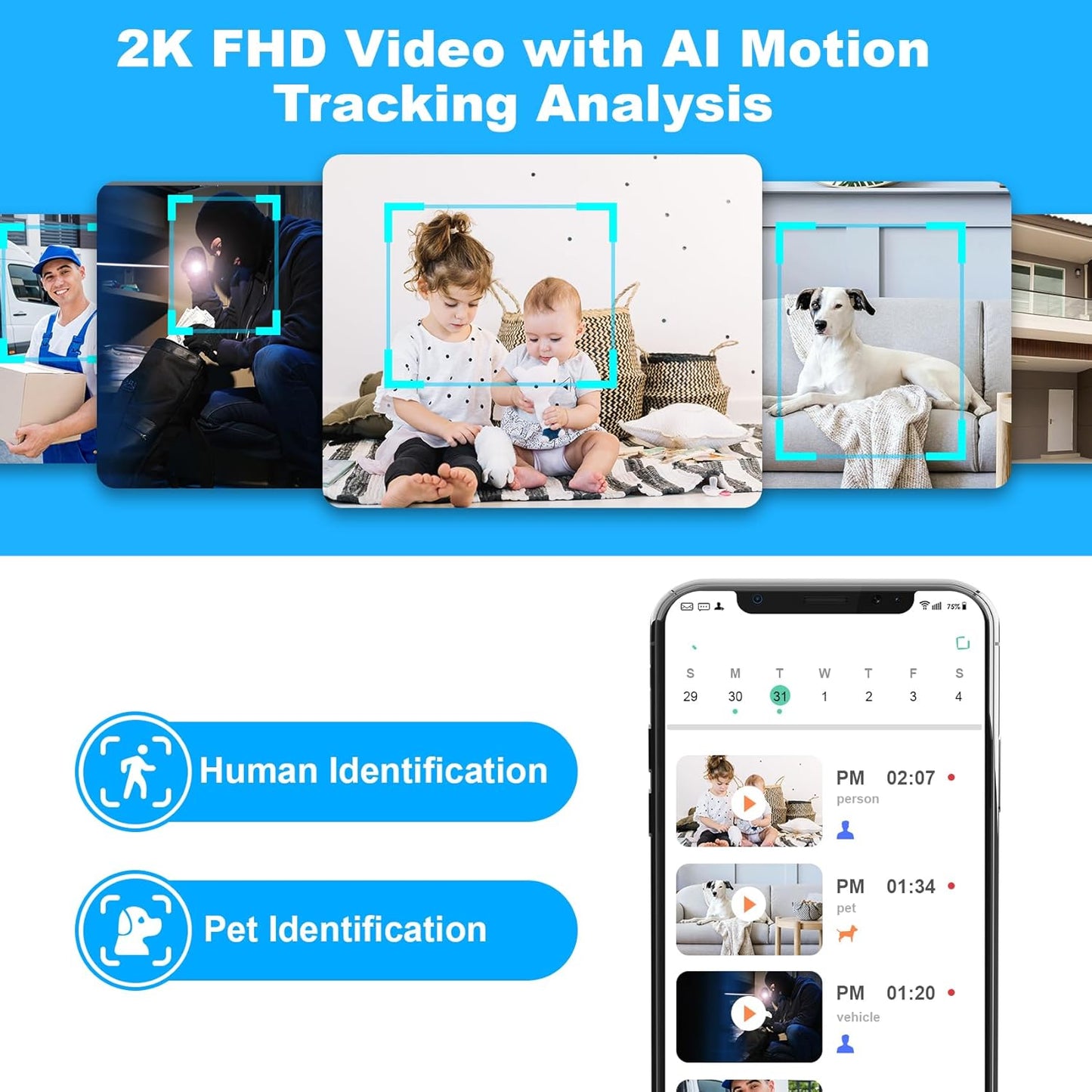 Cloarks 2K 2-Way 24/7, Pan/Tilt Security Camera, WiFi Indoor Cameras for Home Security with AI Motion Detection