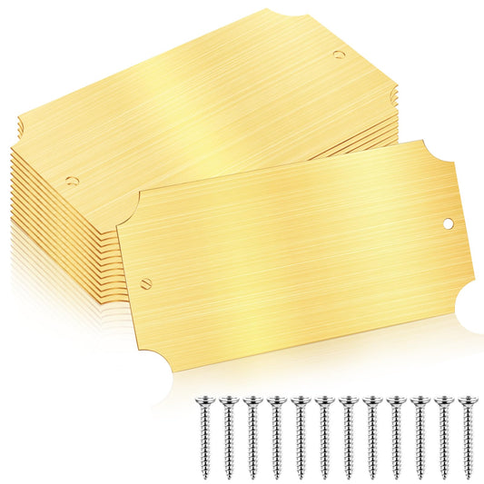 Yaocom 12 Pcs Engraved Name Plates Laser Brushed Solid Metal Plate Personalized Plaque Blank Custom Name Tag Frame Label with Adhesive Backing and Screws for DIY(Gold Notched Corner,2'' X 4'')