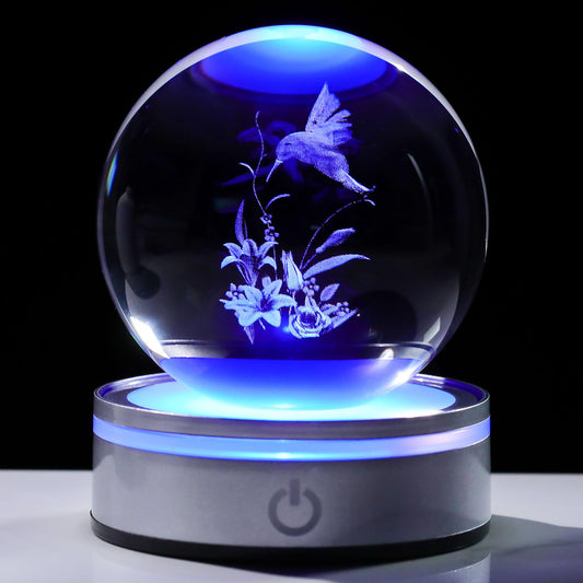 Movdyka 3D Crystal Ball Hummingbird Gifts for Women Men Glass Humming Bird Ornament Figurine Home Decor with Colorful LED Base for Hummingbird Lovers Nature Lovers - 3.15"/8CM