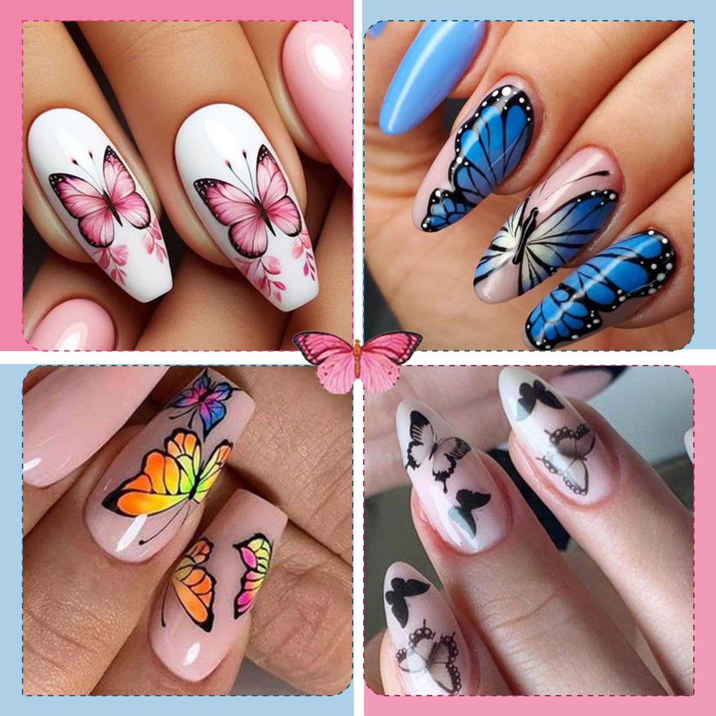 IDDFEVE 12 Sheets Butterflies Nail Art Stickers, Self-Adhesive 3D Butterflies Wings Nail Decals, Variety Color Glitter Design Nail Decorations