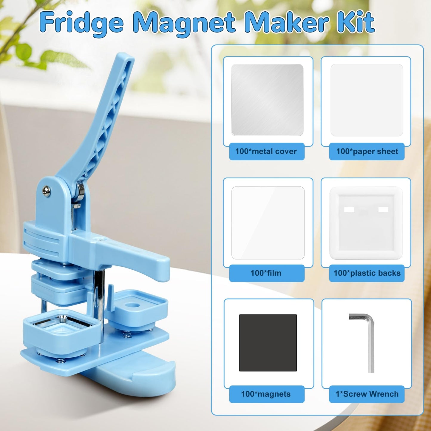 Vanttokeey Square Button Maker Machine 2x2 Inch (50mm x 50mm), Fridge Magnet Badge Maker Press Kit with 100 Sets Square Pin Making Supplies, for DIY Crafts and Home Projects (Blue)