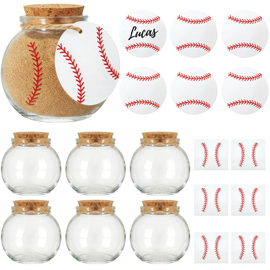 WOODOUNAI 6 Set Baseball Senior Night Jar Gifts 3.5 Oz Round Glass Jar with Cork Lid Baseball Sticker Hang Tags 2.75 * 2.75 Inch Mini Sand Keepsake Jars for Sport Party Favors Decoration (Round)