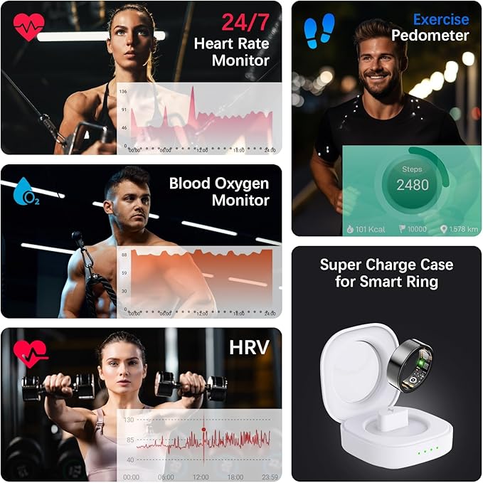 Health Tracker Ring, Smart Health Ring for Women Men with Heart Rate, Blood Oxygen, Sleep Monitor, Steps,Calories, No Subscription Fee, IP68 Waterproof Smart Ring for iPhone & Android (Black, 14#)
