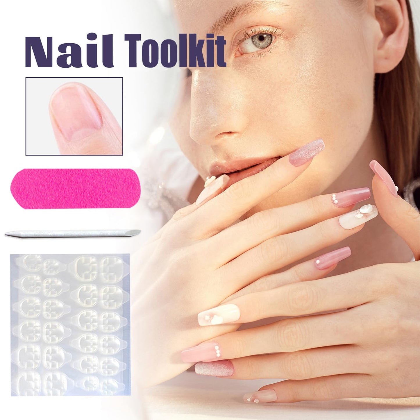Pink Flower Press on Nails Medium Length Ballet Shaped Spring Summer Green French False Nail Press Ons with Design Pearl Stick on Nails Full Cover Artificial Acrylic Nail for Women Manicure Decoration