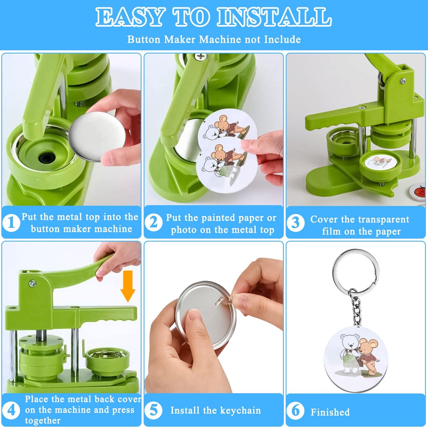 Milkary 250Pcs Button Maker Keychain Supplies, 50 Sets 58mm Metal Keychain Making Supplies for Button Maker Machine, Badge Sets with Metal Shell Back Cover Transparent Film Blank Paper Chain