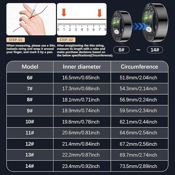 Health Tracker Ring, Smart Health Ring for Women Men with Heart Rate, Blood Oxygen, Sleep Monitor, Steps,Calories, No Subscription Fee, IP68 Waterproof Smart Ring for iPhone & Android (Black, 11#)