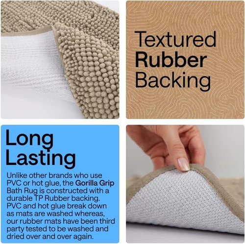 GORILLA GRIP Bath Rug Mat - Thick Absorbent Chenille | Quick-Dry Microfiber, 60x17 Inches, Gray Beige