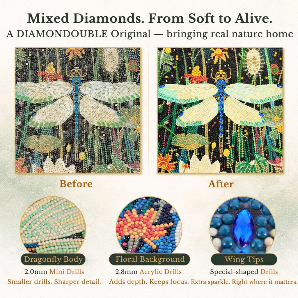 DIAMONDOUBLE Spring Summer Diamond Art Kits for Adults, 12x16 5D Full Drill Diamond Painting on Velvet Canvas, Dragonfly Design with Mixed Acrylic & Special Shape Diamonds, DIY Paint by Diamonds