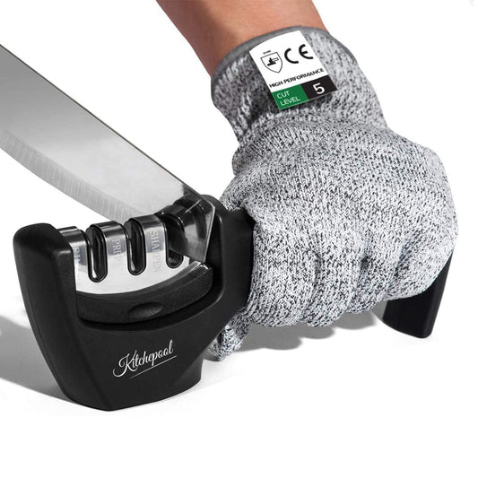 4-in-1 Knife Sharpener Kit with Cut-Resistant Glove, 3-Stage Quality Kitchen Knife Accessories to Repair, Grind, Polish Blade, Professional Knife Sharpening Tool for Kitchen Knives