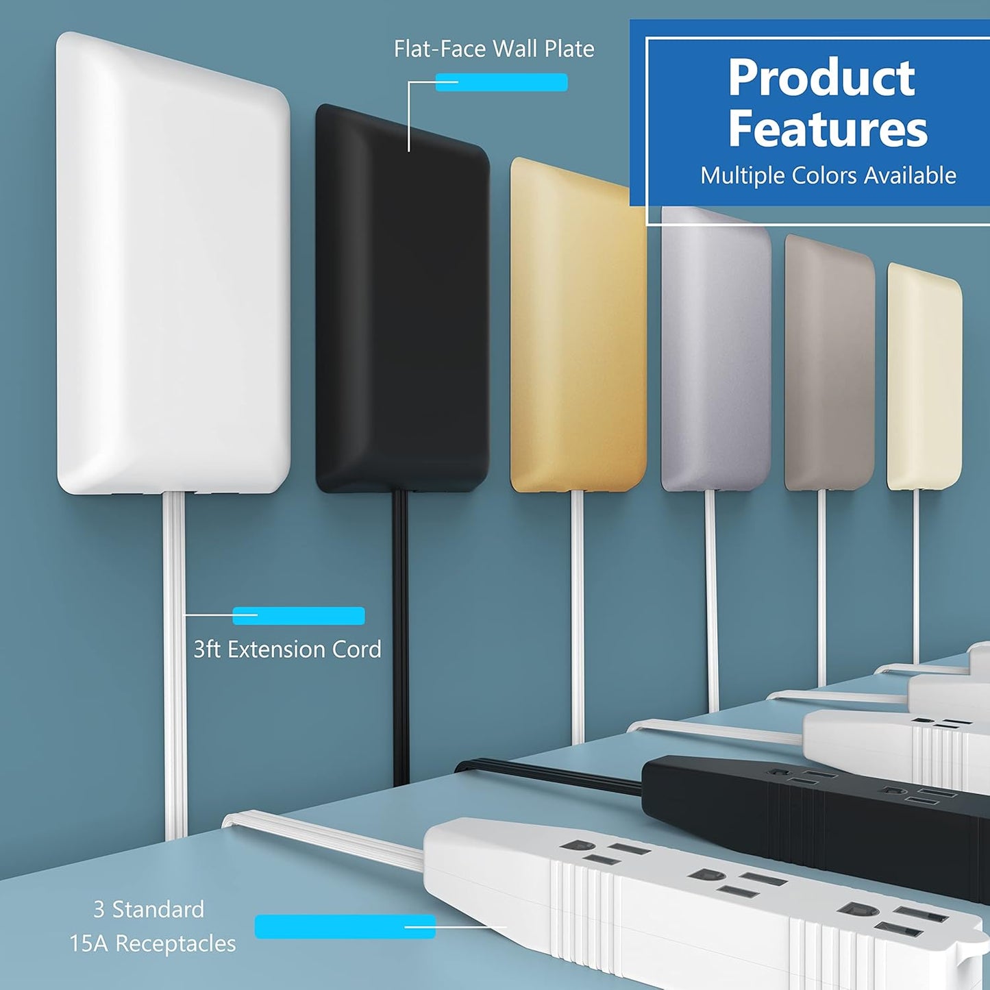 LIDER 3 3-Outlet 3ft LWE3-315-W, Flat-Face Outlet Extender with Receptacles, Ultra-Thin Wall Plate Plug with Cord