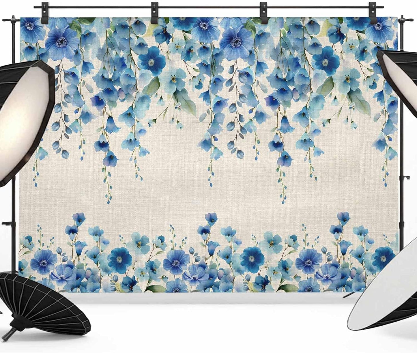 VANPTBNHS 12x8ft Curtain,Country Photography Backdrop,Retro Blue Flowers on Jam Professional Photography Background