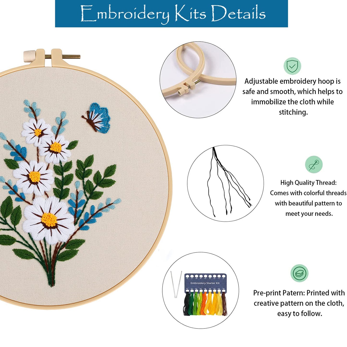 3 Set Embroidery Stitches Practice Kit, Embroidery Kit for Beginners with Embroidery Patterns, Beginner Embroidery Kit, Embroidery Kits for Adults, Hand Embroidery Kit, Embroidery Kit for Kids