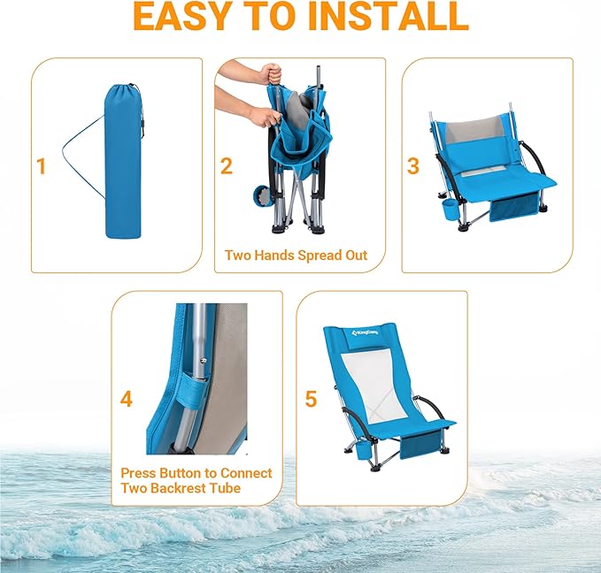 KingCamp Low Beach Chairs, Portable Folding Chair for Adults Extra Wide Ergonomic High Back Seat 300lbs Heavy Duty Lightweight Oversized Gear with Carry Bag for Outdoor Lawn Camping Picnic