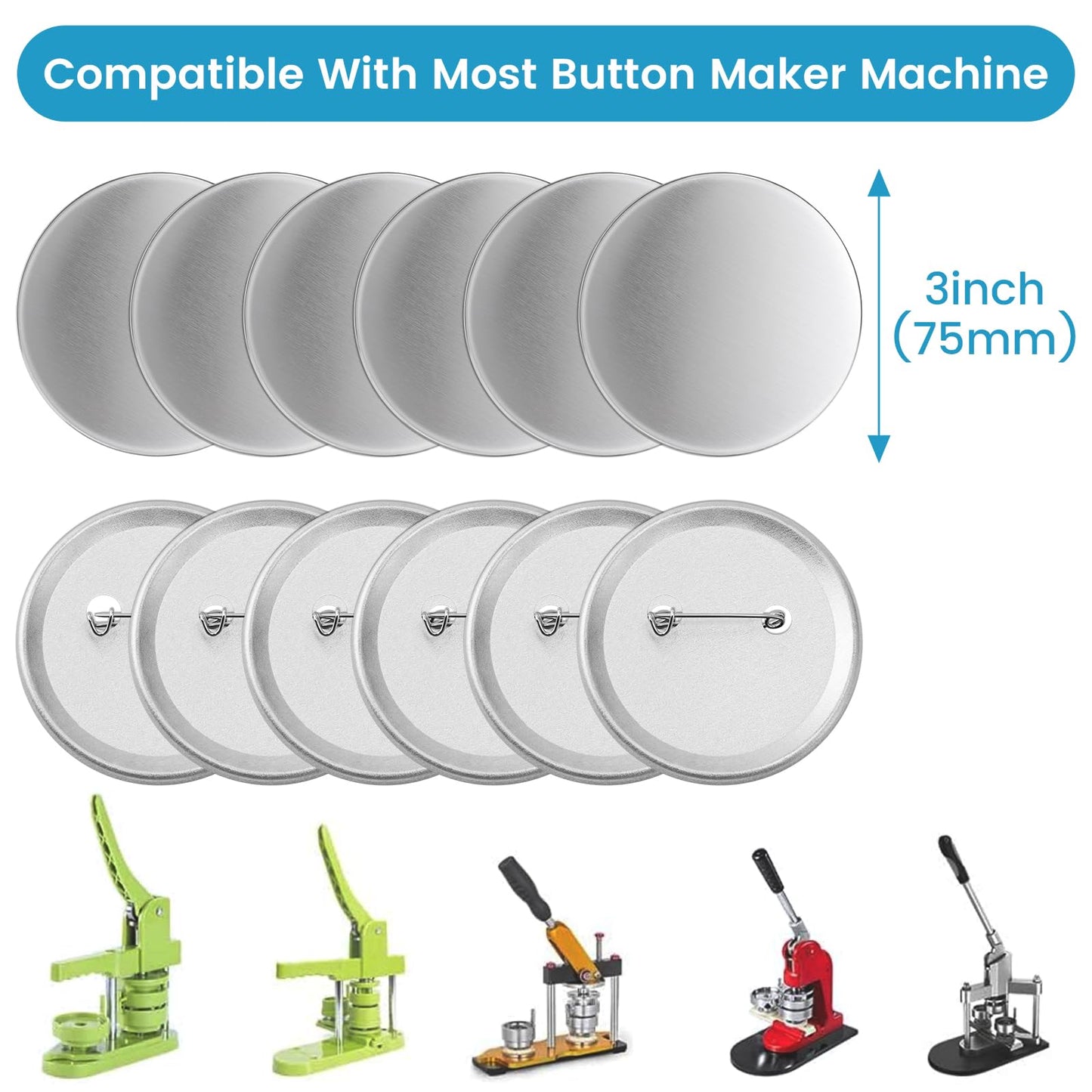 100 Sets Button Maker Supplies, 75mm/3 inch Button Supplies, with Metal Needle Back Cover, Metal Cover, Transparent Film and Blank Paper, Suitable for Button Making Machine and Pin Maker Press