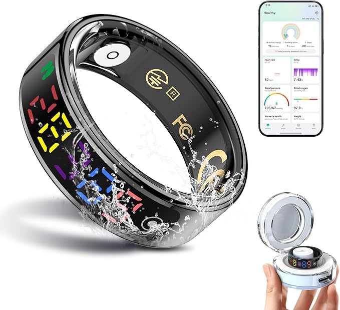 Smart Ring for Women Men, Health Ring with Colorful Display, Fitness Tracker with Heart Rate, Blood Oxygen, Sleep Monitor, No Subscription Fee, 5ATM Waterproof for iPhone & Android (Black, 10)
