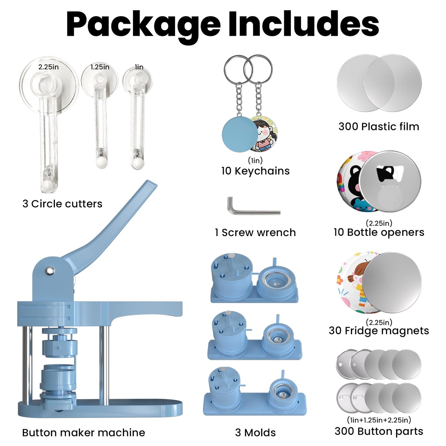 1+1.25+2.25 inch Multiple Sizes Button Maker Machine, 300 Buttons, 30 Fridge Magnets, 10 Bottle Openers, 10 Keyrings, 3 Circle Cutters, Button Badge Press Machine (Lightblue, 353 Pcs)