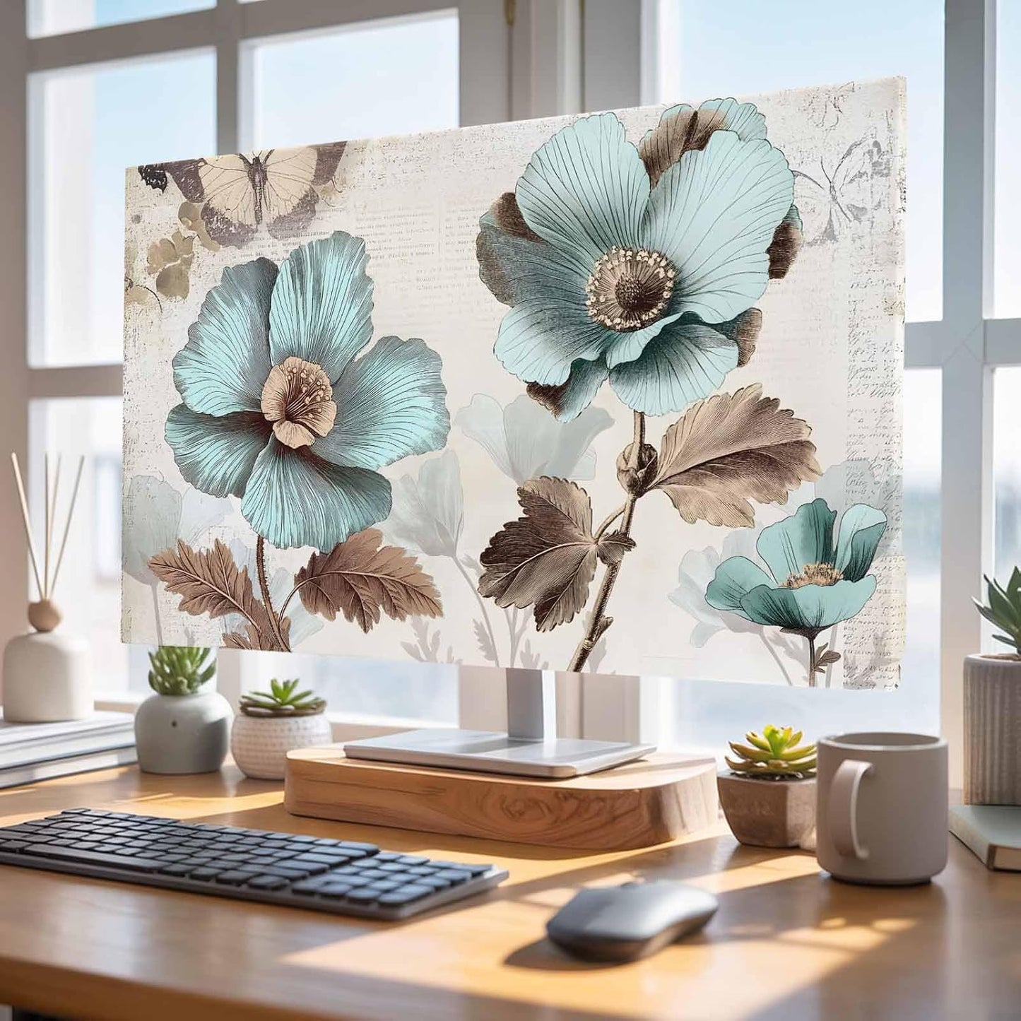 Yukro 75 Inch, 65"x37" Victorian Style Broccoli Butterfly Indoor TV Dust Cover, Blue Flowers Plant Elastic TV Dustproof