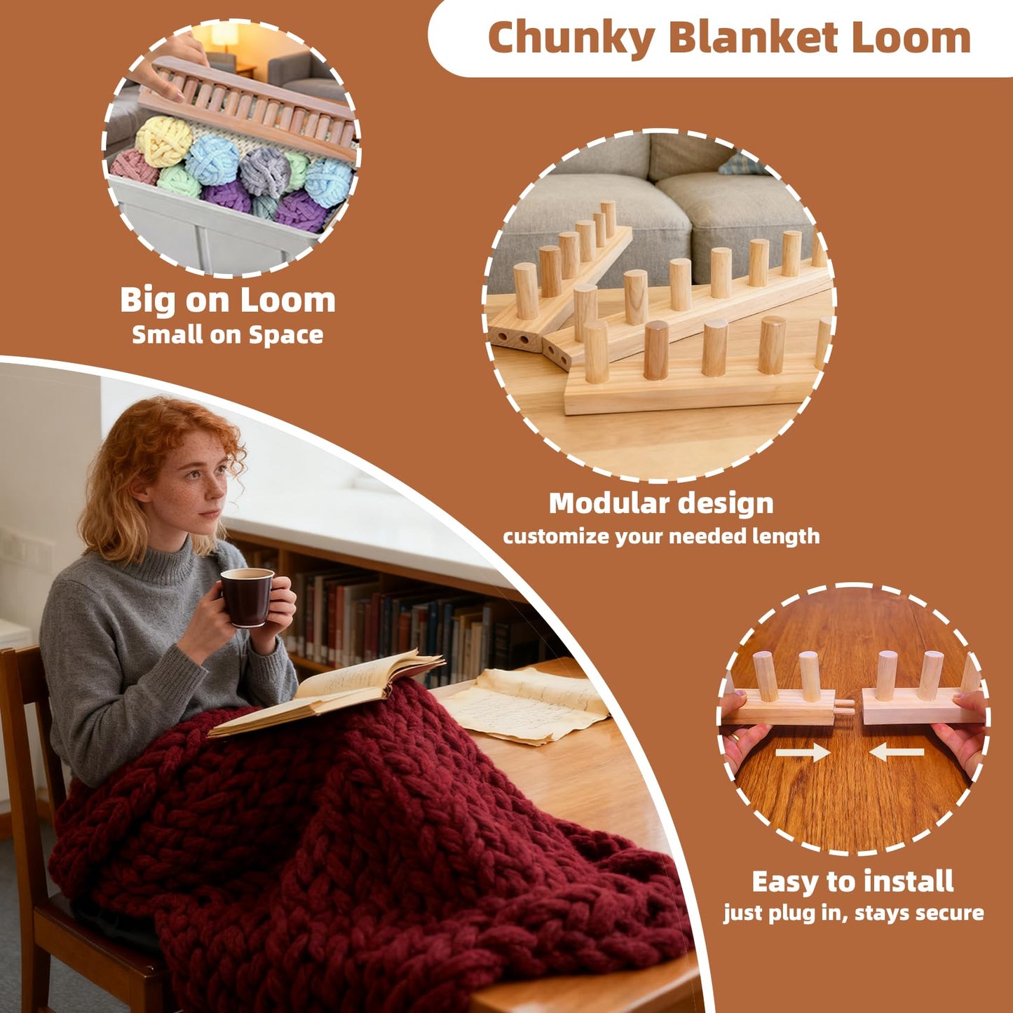 QAMGCYW 75" Chunky Yarn Loom, Beginner Hand Knitting Loom with Detachable Wooden Frame, Adjustable Size No Needles, DIY Blanket Weaving Loom, Premium Wood No Coating