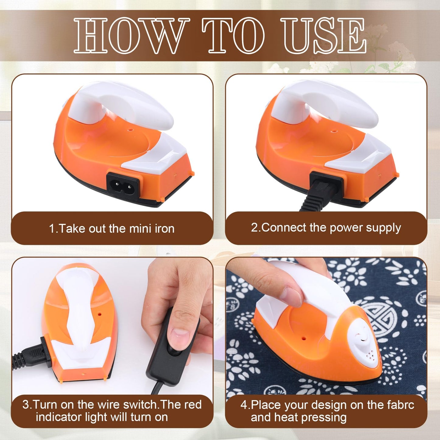 Zhehao 4 Pcs Mini Craft Iron Small Heat Press 3.39 x 2.36 x 2.56 Portable Heat Transfer Machine with Charging Base Accessories DIY Clothe Bead Patch Bag Hat Vinyl(Light Pink, Red, Green, Orange)