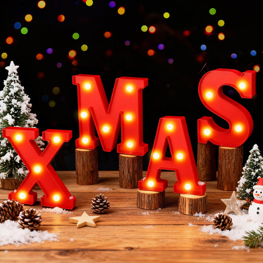 XMAS Christmas Light Up Letter Table Decorations, LED Marquee Lights Sign for Indoor Outdoor Home Bedroom Fireplace Bar Xmas Party Decor