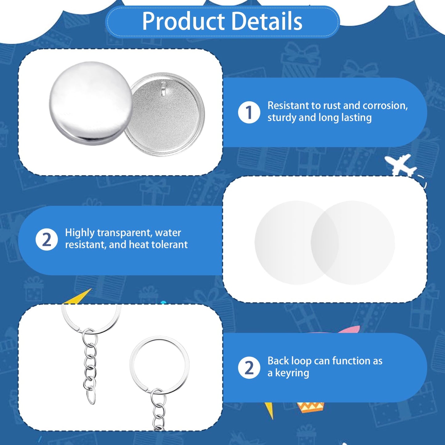 PEDOBALI 110 Sets 58 mm/ 2.25 Inch Button Maker Keychains Supplies Including Plastic Film, Metal Shell, Keychain, Backing Parts Metal Button Badge Sets for DIY Christmas Gifts Maker Machine