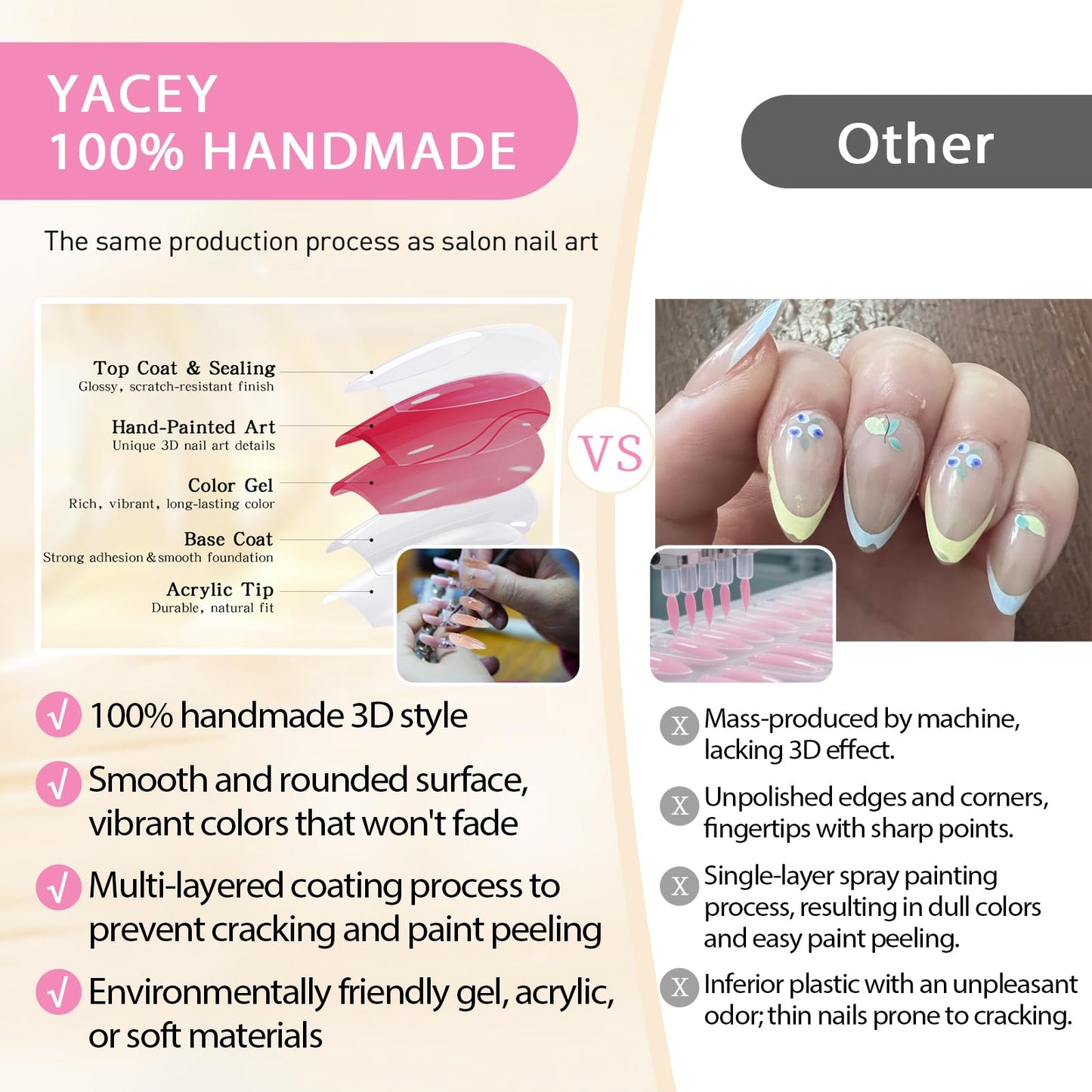 Yacey 3D Tropical Floral Handmade Press on Nails, Medium Almond Reusable False Nails Press Ons, Colorful Luxury Thick Acrylic Fake Nails, Bling Glue on Nails for Women Girls (10 Pcs, M)