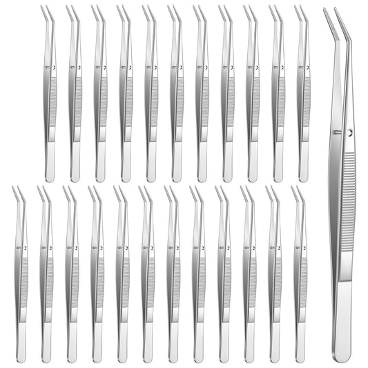 24Pcs Stainless Steel Tweezers with Curved Serrated Tip, 6Inch Long Tweezer for Crafting, Non-Slip Sewing Machine Tweezers High Precision Multipurpose Tweezer for Craft Sewing (Silver)