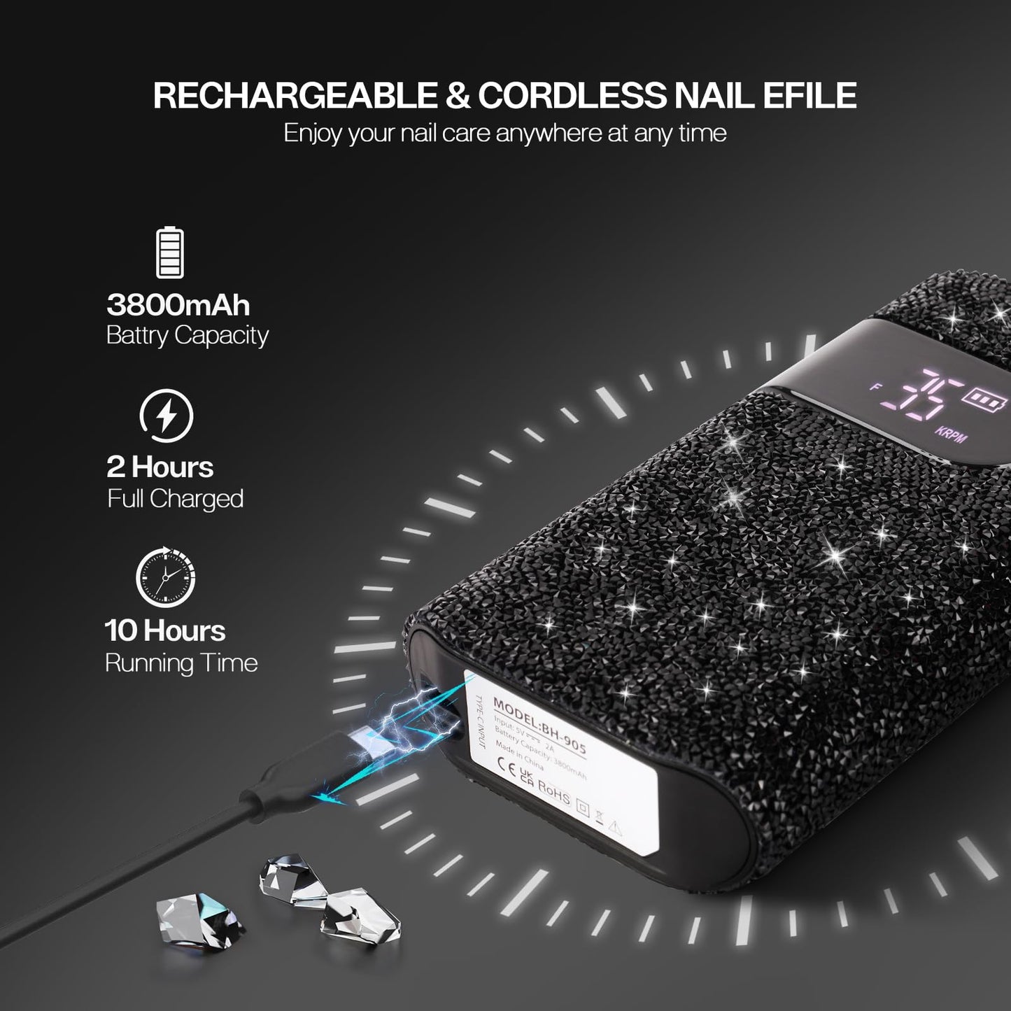 Lavinda Professional Electric Nail Drill Kit, 35000RPM Cordless Portable Machine for Acrylic Gel Nails, Rechargeable E File With Black Rhinestones, Manicure Tools (Black)