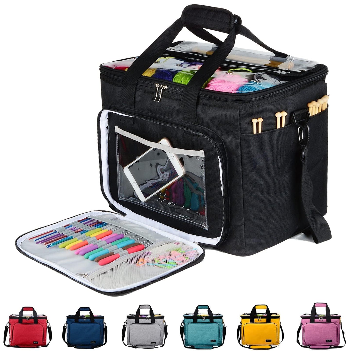Hoshin Knitting Bag for Yarn Storage, High Capacity Yarn Totes Organizer with Inner Divider Portable for Carrying Project, Knitting Needles(up to 14”), Crochet Hooks, Skeins of Yarn (Black)
