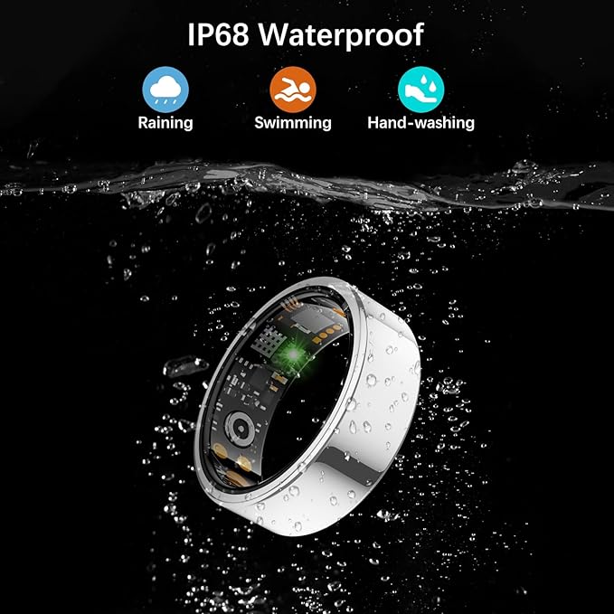 Smart Health Ring for Women Men, Fitness Tracker Ring with Heart Rate, Blood Oxygen, Sleep Tracker, Step Tracker, No Subscription Fee, IP68 Waterproof Smart Ring for iPhone & Android (Silver, 6#)
