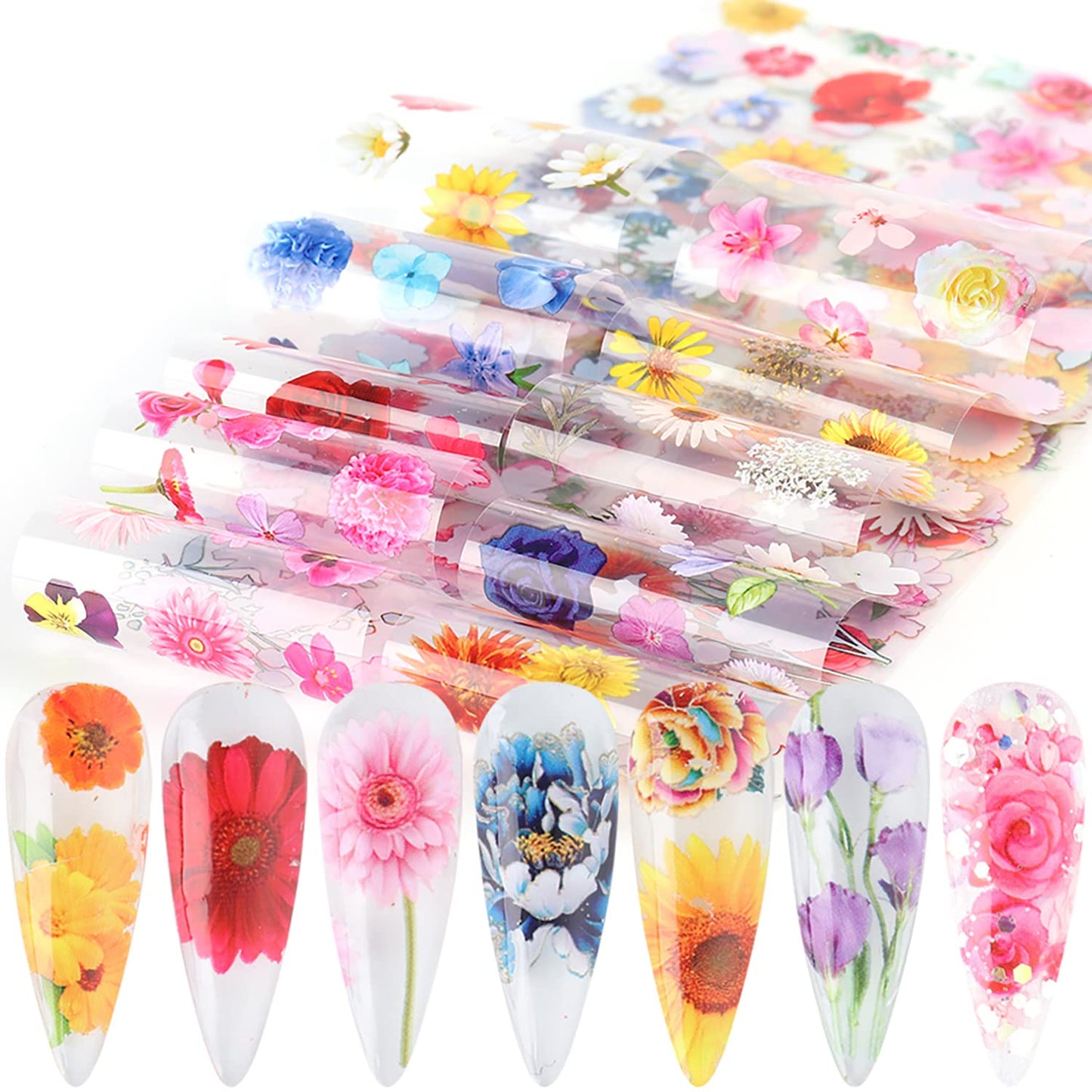 Holographic Nail Foil Transfer Stickers Decals, Flowers Nail Polish Sheets Sky Starry Paper Transfer Foils Floral Nails Supplies for Nail Transfer Glue Polish, Women Manicure Nail Film Decorations