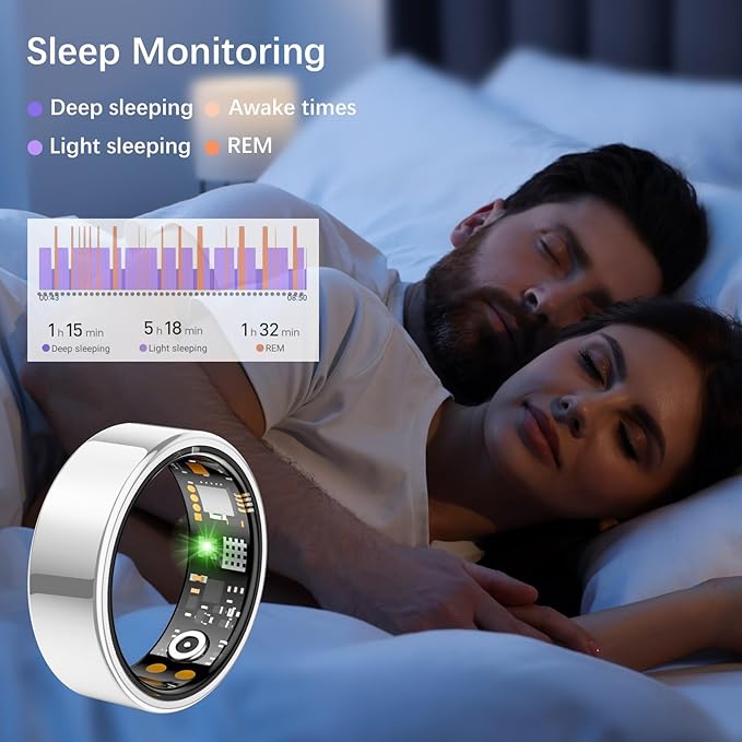 Smart Health Ring for Women Men, Fitness Tracker Ring with Heart Rate, Blood Oxygen, Sleep Tracker, Step Tracker, No Subscription Fee, IP68 Waterproof Smart Ring for iPhone & Android (Silver, 8#)