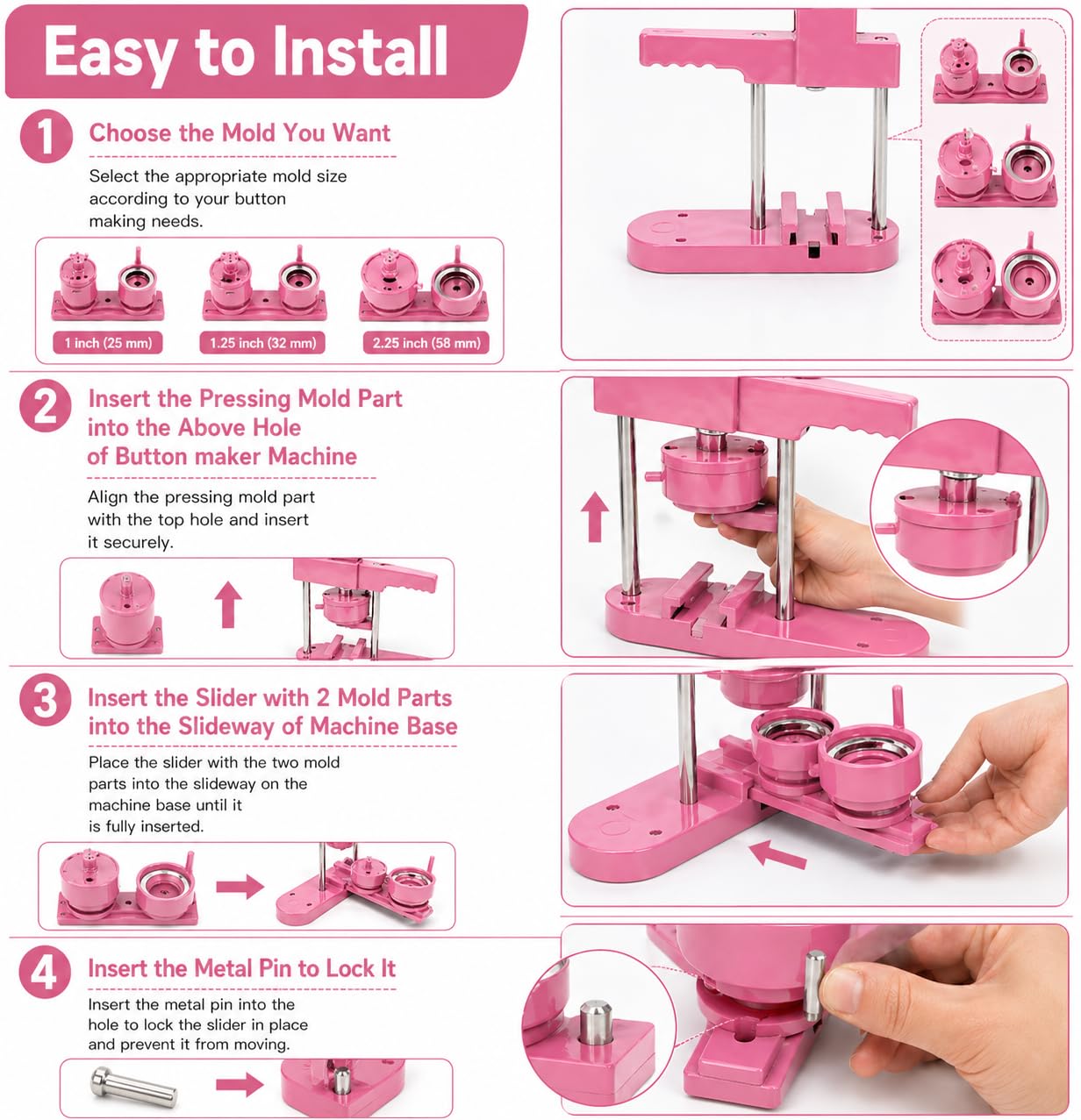 Pin Maker, Button Maker Machine, Pin Maker Machine Kit Includes 300Pcs Pins 25/32/58mm (1/1.25/2.25 inch), 3 Circle Paper Cutters, DIY Button Pin Maker, Button Badge Press Machine(Pink)