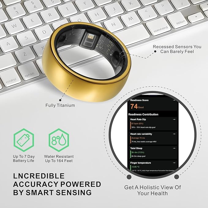 Smart Ring, Activity Trackers, Sleep Ring, Fitness Tracking, Stress Tracker, Heart Rate, Meditation, Temperature, Respiratory, No App Subscription, Women, Men, iOS, Android (Golden, 13)