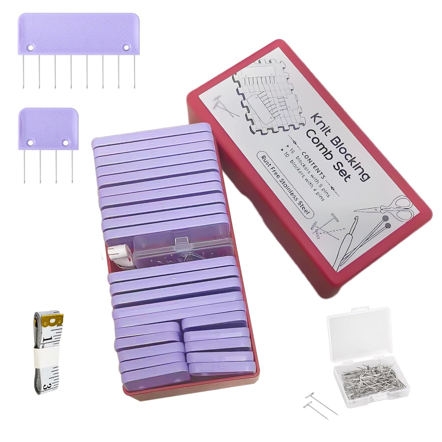 Knit Blockers Pins Kit, 25Pcs Knit Blocking Combs & 30 T-pins for Knitting Blocking Board Mats, Crochet Knitting Pins for Crochet Projects Sewing Lace Needlework Projects Tool (Purple)